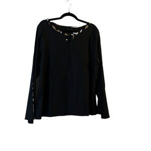 CATH’S DESIGN GHANA black linen? mudcloth trimmed long sleeve round neck tunic